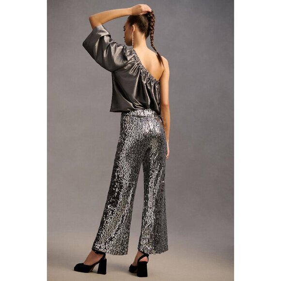 NWT Anthropologie Colette Cropped Wide-Leg Sequin Pants 28 Silver Cocktail $198 - Picture 5 of 11